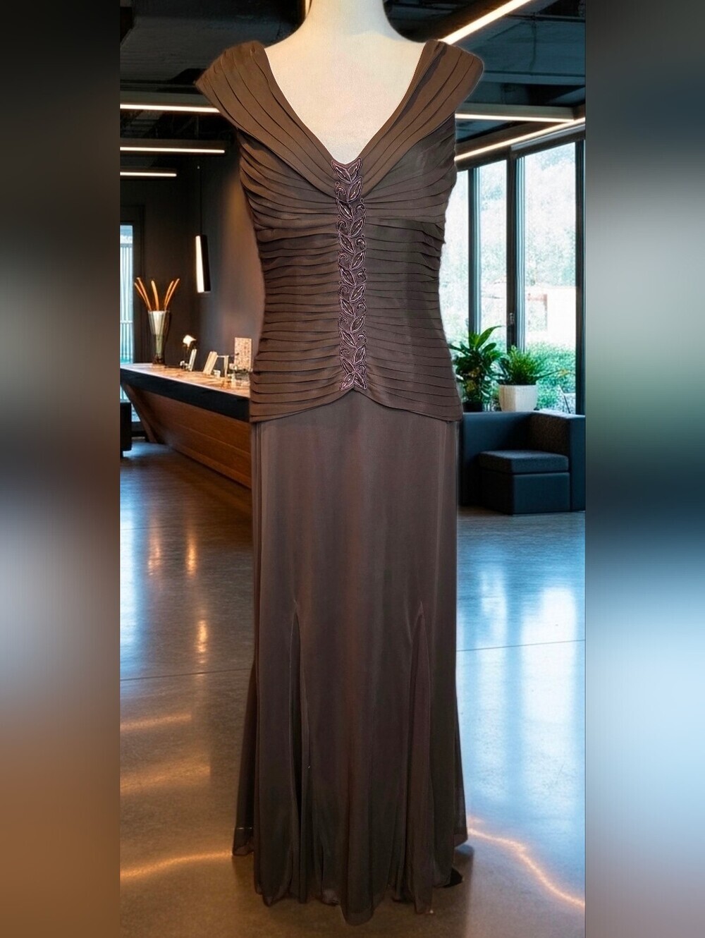 Alex Evenings Chocolate Brown Ruched Beaded Formal Gown Maxi Dress Size 6
